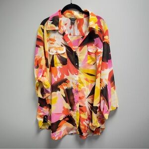 Sunny Taylor Multicolor Abstract Button Front Blouse Women 1X  Long Sleeve